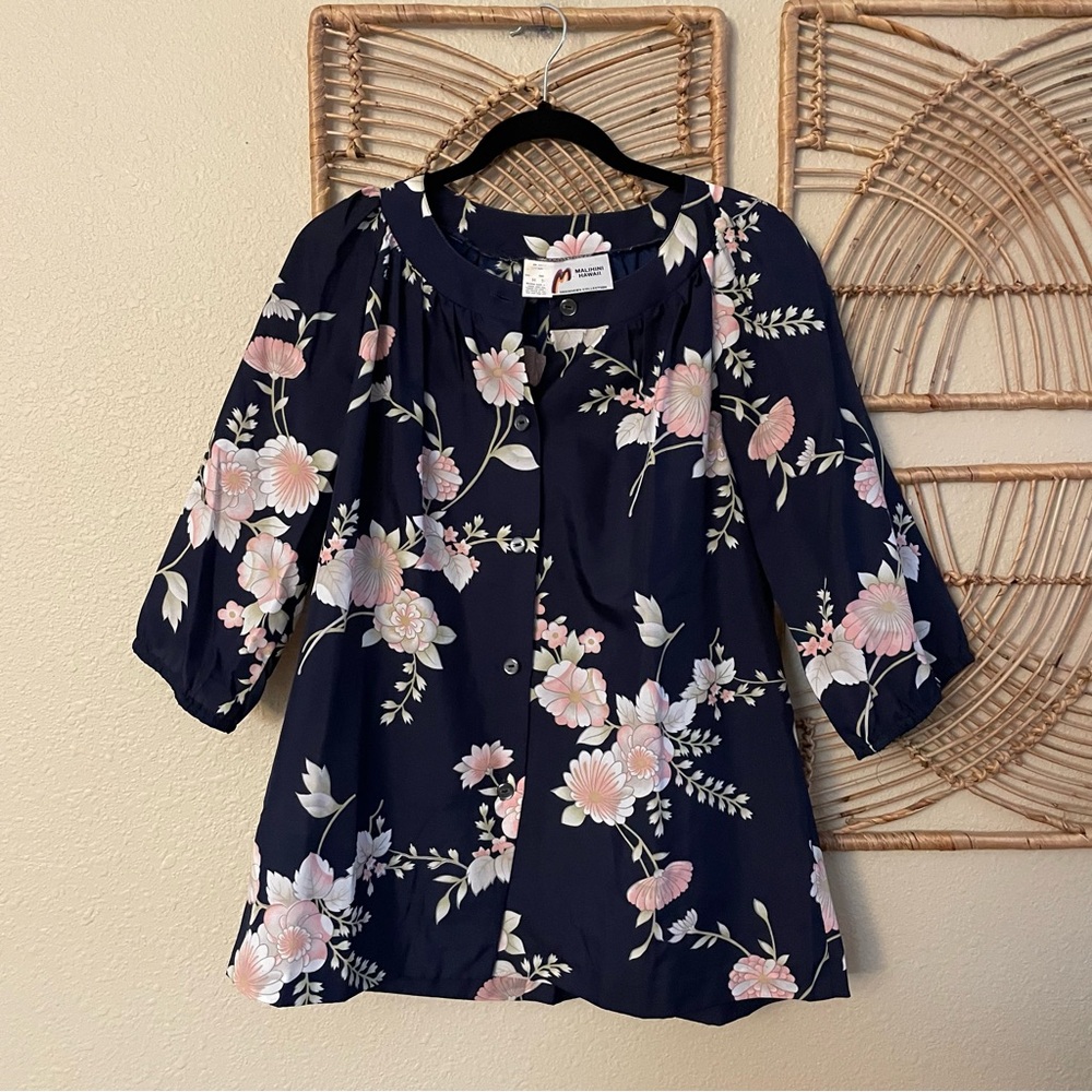 Vintage Malihini Floral Blouse‎ Top Hawaiian 70s Boho Asian Artsy Blue Sz M B34